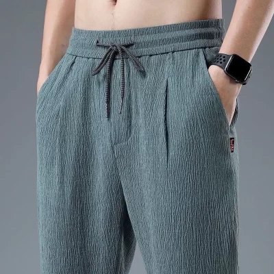 Ice Silk Linen Man Sport Pants Casual Wide Summer Sweatpants Male Baggy Elastic Baggy Ankle-length Harem Trousers Big Size
