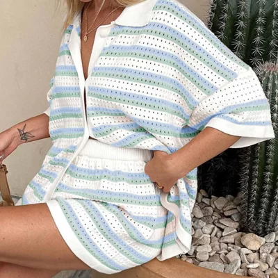 Knitted Women Two Piece Shorts Outfits Loungewear Suits Stripe Contrast Color Button Crochet Tops and Shorts Matching Sets