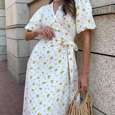 Casual Women's Summer Dresses 100% Cotton Floral Print A-line Midi Dress with Side Slits Long Elegant White Dress for Women 2024