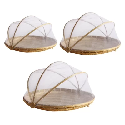 Handmade Bamboo Woven Fruit Vegetable Basket with Mosquito Proof Net Round Dustproof Wicker Picnic Tray Bread with 29EF