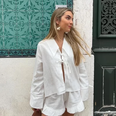 Ruffle Lace Up Shirt Shorts Sets Women White Long Sleeve Loose Bow Hollow Out Short Pant Female Suit 2024 Summer Solid Lady Set