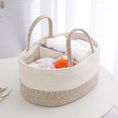 Multifunctional Travel Out Portable Mommy Bag Cotton Rope Diaper Bag Diaper Storage Bag Baby Diaper Storage Basket（38*25*17cm)