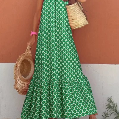 Summer Women Casual Loose Long Beach Dresses Vintage Striped Print Patchwork Dress Female Elegant Sleeveless Straps Dress