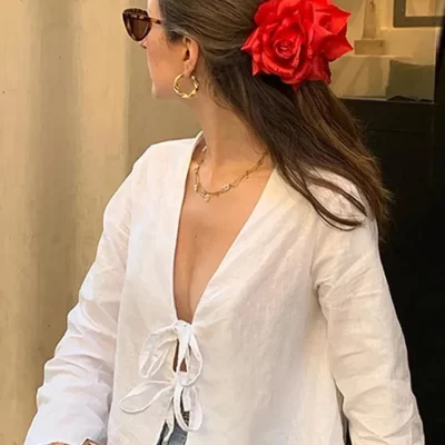 Elegant Bow Lace Up Shirt for Women Fashion V Neck Long Flare Sleeve Ladies Tops 2024 New Spring Female Loose Blouses Streetwear
