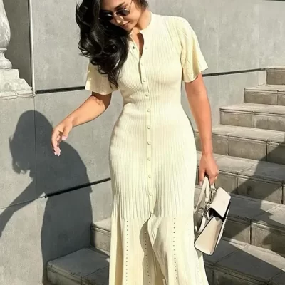 Fashion Hollow Out Knitted Maix Dress Women Solid Single Breasted Slim Dresses 2024 Elegant Female Commuting Robes