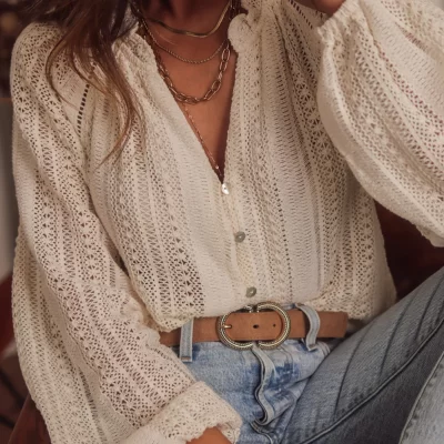 AYUALIN Vintage Long Sleeve Blouses Summer Casual Elegant Ladies Blusas Boho Beach Hollow Out Lace Blouse Shirt for Women Top