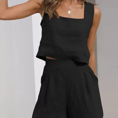 Women Solid Color Outfits Sets Sleeveless Sling Vest Casual Shorts Pockets Tops High Waisted Pants Suit Two Piece Lounge Sets