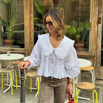 Sweet Women Shirts 2024 New Lantern Long Sleeve Peter Pan Collar Tops Ladies Simple Leisure Lace Up Blouse All-match Streetwear