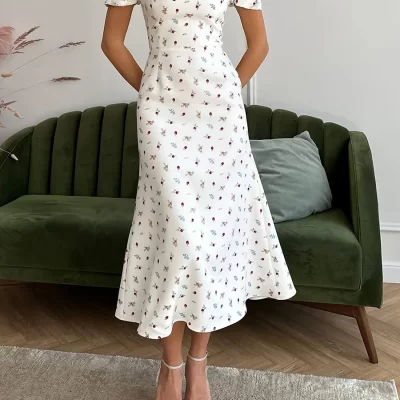 New Fashion Womens Summer Midi Dress Casual Short Puff Sleeve Floral Print A-Line Dress Elegant Flowy Dress Hot Sale S M L