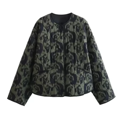 ZEVITY Women Vintage O Neck Graffiti Print Casual Cotton Padded Quilted Jacket Coat Female Outerwear Chic Buttons Tops CT5676