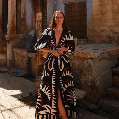 Women Fashion V Neck Vintage Printed Midi Dress Elegant Puff Long Sleeves High Waist Long Dresses 2024 New Female Vocation Robes
