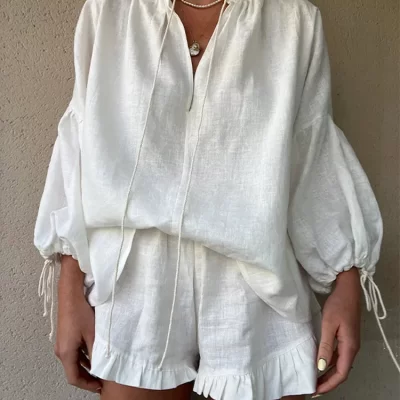 Casual V-neck Drawstring Long Sleeved Top Sets Women Fashion Loose Ruffle Shorts Suits 2024 Summer Beach Highstreet Outfits