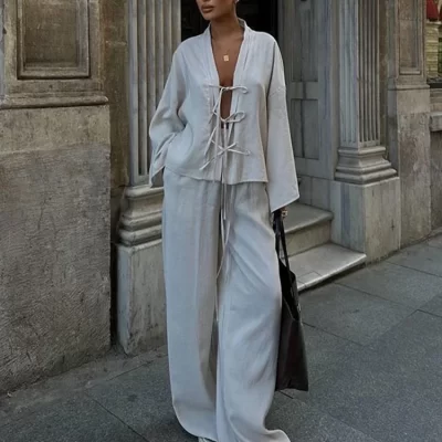 Women Cotton Line Pants Set Long Sleeve Lace Up Hollow Out V-neck Tops Wide Leg Trousers Suit 2024 Casual Lady Loose Outfits