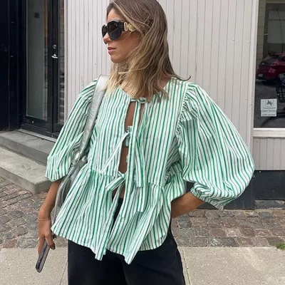 Women Fashion Print Lace Up Puff Sleeve T Shirt Elegant Casual Loose Round Neck Tops 2024 Spring New Female Commute Streetwear