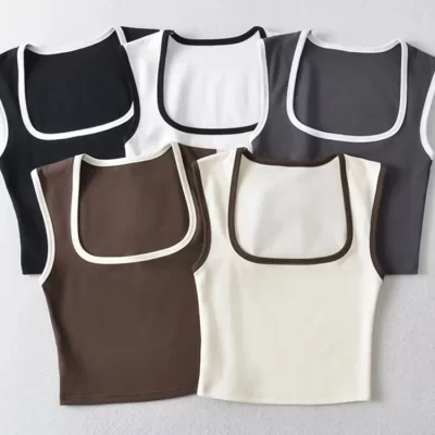 Woman Fashion Slim Solid Contrust Camis Casual Sleeveless Tanks Square Collar Crop Tops Clothing Streetwear Mujer 2024 Y2k