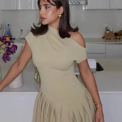 Elegant Pleated Midi Dress For Women Fashion Street Short Sleeve Patchwork Long Dress Casual Office Lady Irregular Neck Vestidos