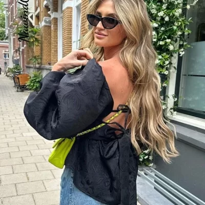 Elegant Floral Embroidery Shirts Women Sexy Backless Square Collar Puff Sleeve Blouses Female 2024 Summer Vacation Lady Tops