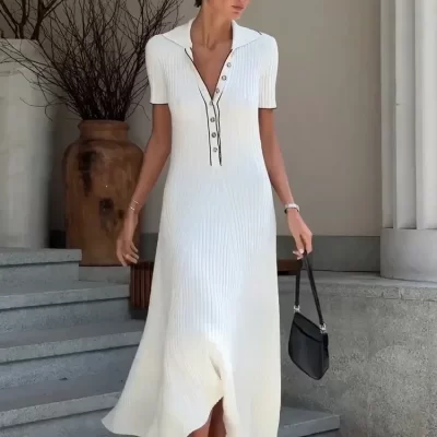 Tossy White Knit Fashion Maxi Dress For Women Short Sleeve Patchwork Elegant Party Dress Lapel High Waist Knitwear Women's Dress