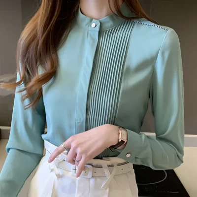 2023 Autumn Long Sleeve Chiffon Blouse Shirt Blouse Women Blusas Mujer De Moda Bow V-Neck Office Lady Blouse Tops Female Blouses