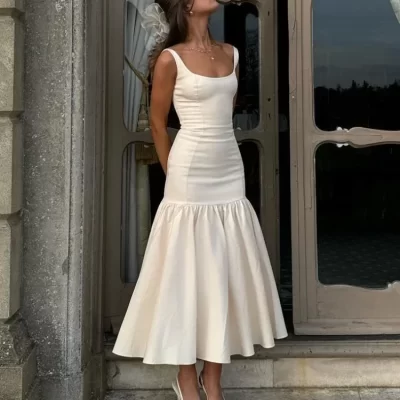 Women Summer Ruffles Sling Dress Slim Solid Square Collar Sleeveless Maxi Vestidos Elegant Fashion Female Party Fishtail Robes