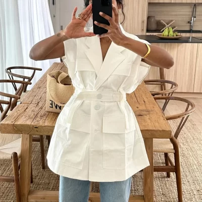 Clacive Fashion Loose White Cotton Women's Shirt 2024 Elegant Lapel Sleeveless Shirts Casual Classic Solid Top Female Clothing