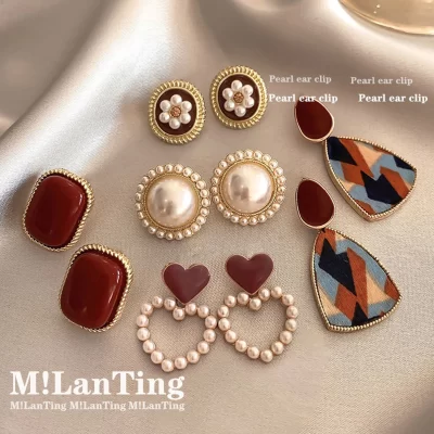 S925 Silver Needle Wine Red Retro Hong Kong Style No Pierced Female Temperament High Sense Pearl Earrings High Sense Earrings