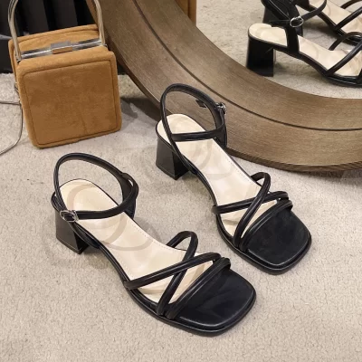 Women's Sandals Summer Footwear High Heels Luxury Designer Shoes Block Heel Low and Elegant Casual Medium Dresses on Offer Black