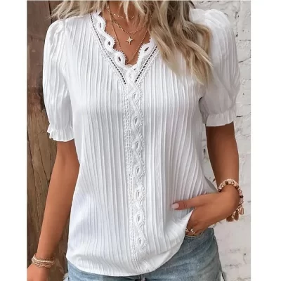 Women's Summer New Top 2024 Solid Sexy V-Neck Hollow Short Sleeve Shirt Fashion Splice Plus Size Blouse Loose Street Apparel