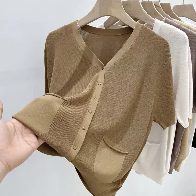 Summer Solid Patchwork Loose Knit T-shirt 40-100Kg Women Fashion V-neck Short Sleeve Top Tees False Cardigan Pockets Pullovers