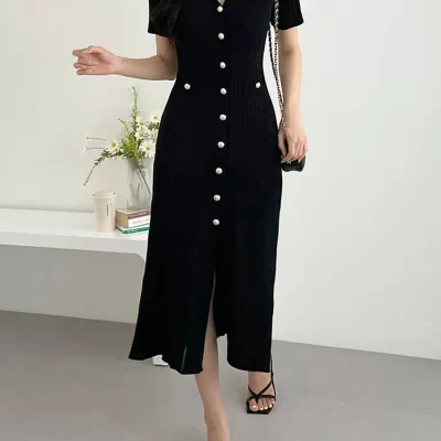 Summer Midi Dress Women Knitted Black Bodycon Korea Style Ruffle Ladies Dresses Elegant Fashion Casual Woman Dress 2023