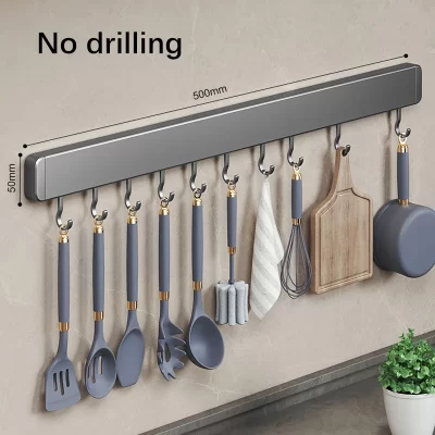 Kitchen Storage Rack Non-perforated shelves Wall Mounted with Movable hook Spoon Holder Organizer Kitchen Utensil Accessories