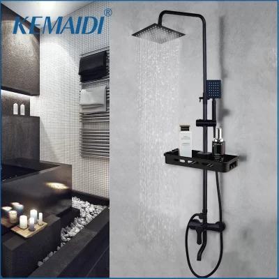 KEMAIDI Matte Black Rainfall Shower Faucet Set Single Lever Bathtub Shower Mixer Faucet & Storage Shelf Shower Mixer Water Tap