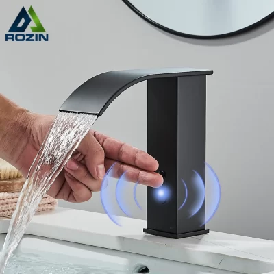 Rozin Black Smart Sensor Bathroom Basin Faucet Touchless Automatic Sense Mixer Tap Waterfall Hot Cold Water Washbasin Crane