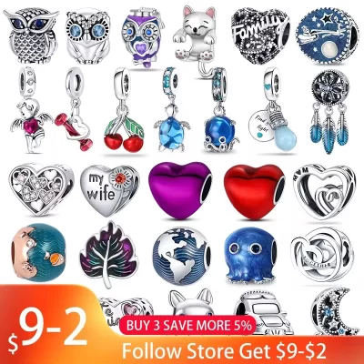 Fit Pandora 925 Original Bracelets Blue Zircon Owl Luminous Sea Turtle Octopus 925 Silver Charms Beads DIY Birthday Jewelry Gift