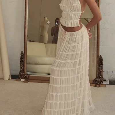 2024 New Folds Long Skirt Set For Women Sexy Sleeveless Backless Cropped Halter Tops Drawstring Long Skirts 2 Piece Sets