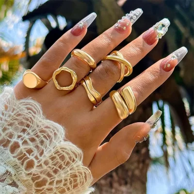 6Pcs/Set Gold Color Smooth Geometric Open Rings Set For Women Exaggerated Metal Irregular Thick Chunky Ring Jewelry Gift