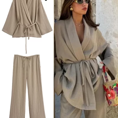 Solid Lace Up Shirts Trouser Women Loose Cotton Linen Top Long Pants Suit Female 2024 Spring Summer Lady Soft 2 Pieces Set