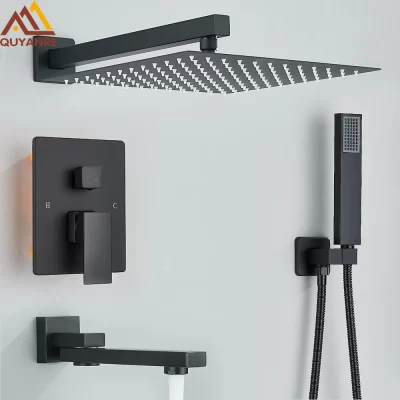 Black Concealed Shower System Rain Waterfall Bathroom Embedded Shower Faucet Set with Tub Spout
