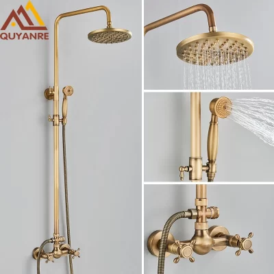 Quyanre Antique Brass Shower Faucets Set Wall Mount Antique Brass Shower Kit Dual Knobs Mixer Tap Handheld Spray Bathtub Kit