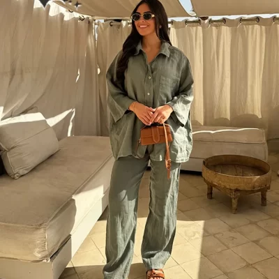 Causal Linen With Pocket Shirt Pants Suits Women Wide Leg Pants Long Sleeves Shirt Sets Ladies Loose High Street 2 Piece Outfits