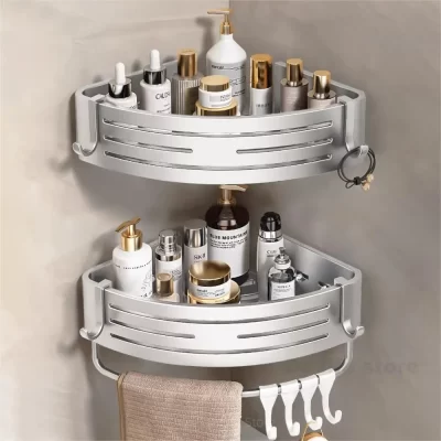 1-2PCS Shower Corner Shelf with Towel Bar Hook Space Aluminum Bathroom Shelf Without Drilling Shampoo Holder Bathroom Accessories