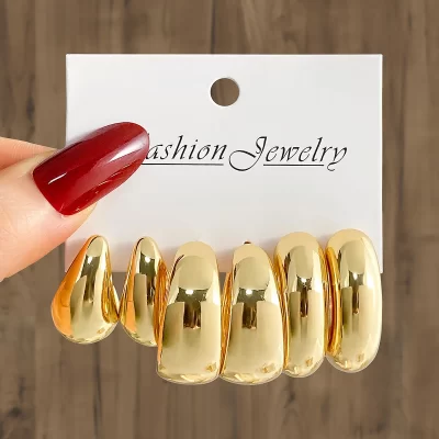 Bohemia Vintage Smooth Water Drop Earrings Set for Women Geometric Gold Color Circle hoop Earring Zircon Ear Studs Jewelry