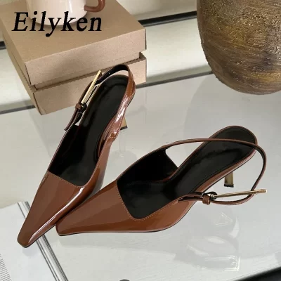 Eilyken Street Style Sexy Pointed Toe Metal Buckle Strap Women Pumps Stripper Sandals Slingback High Heels Female Shoes